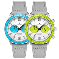 Two Vincero watches with gray straps and colorful faces on a white background