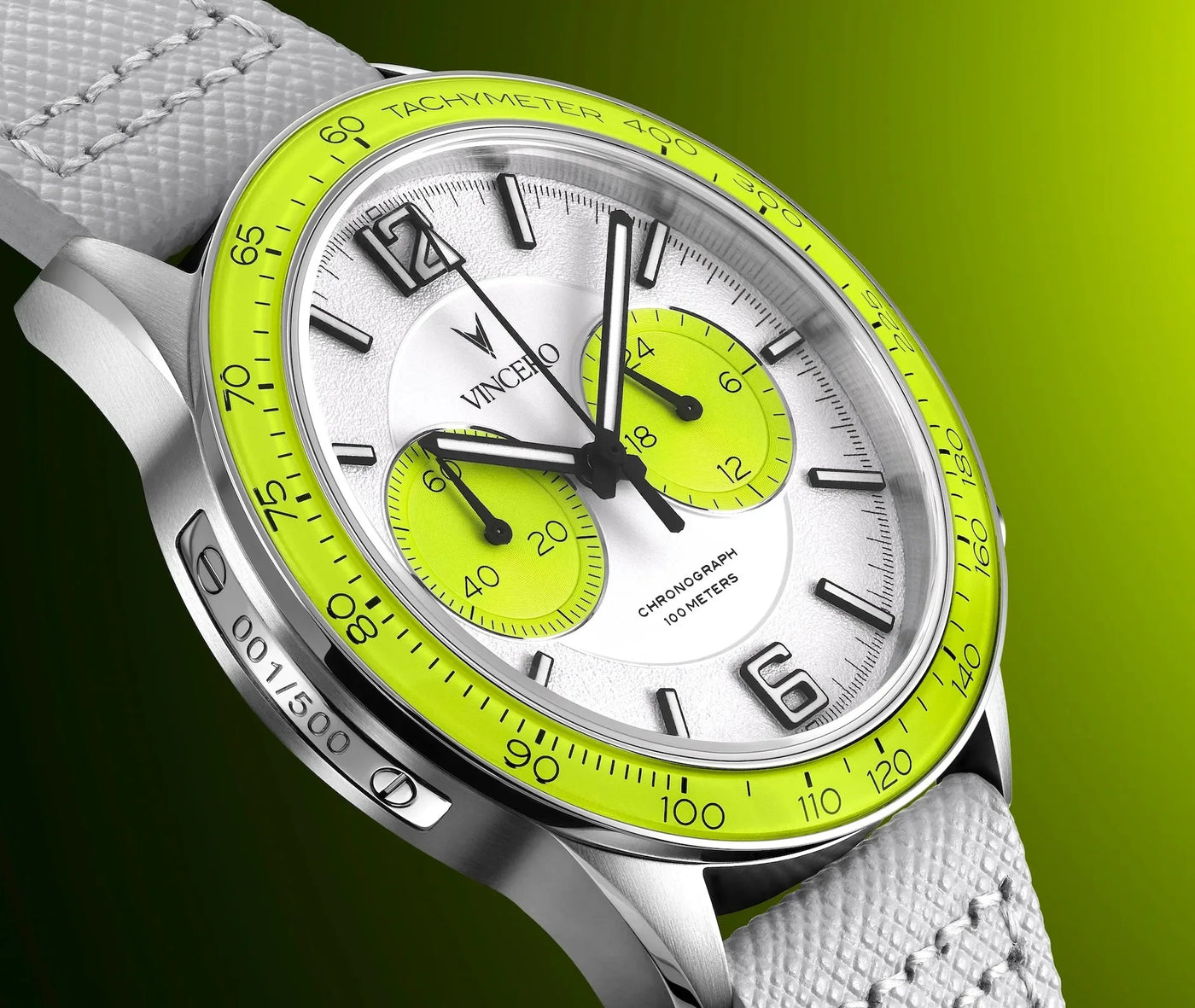 Watch with a green and silver design on a gradient background