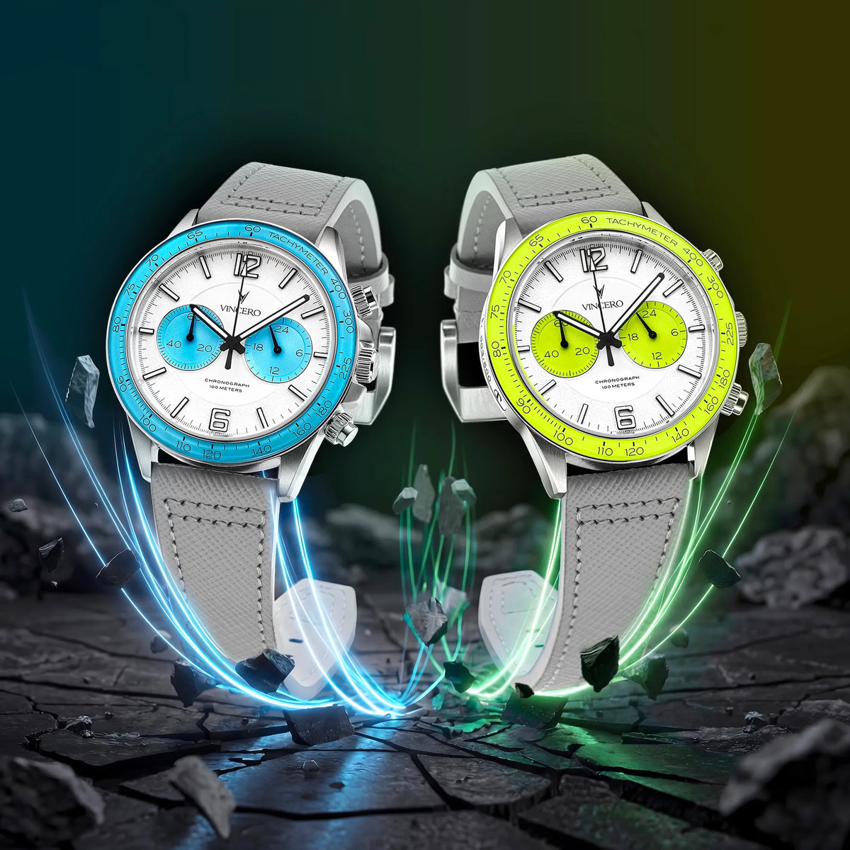 Two watches with colorful displays on a dark, textured surface