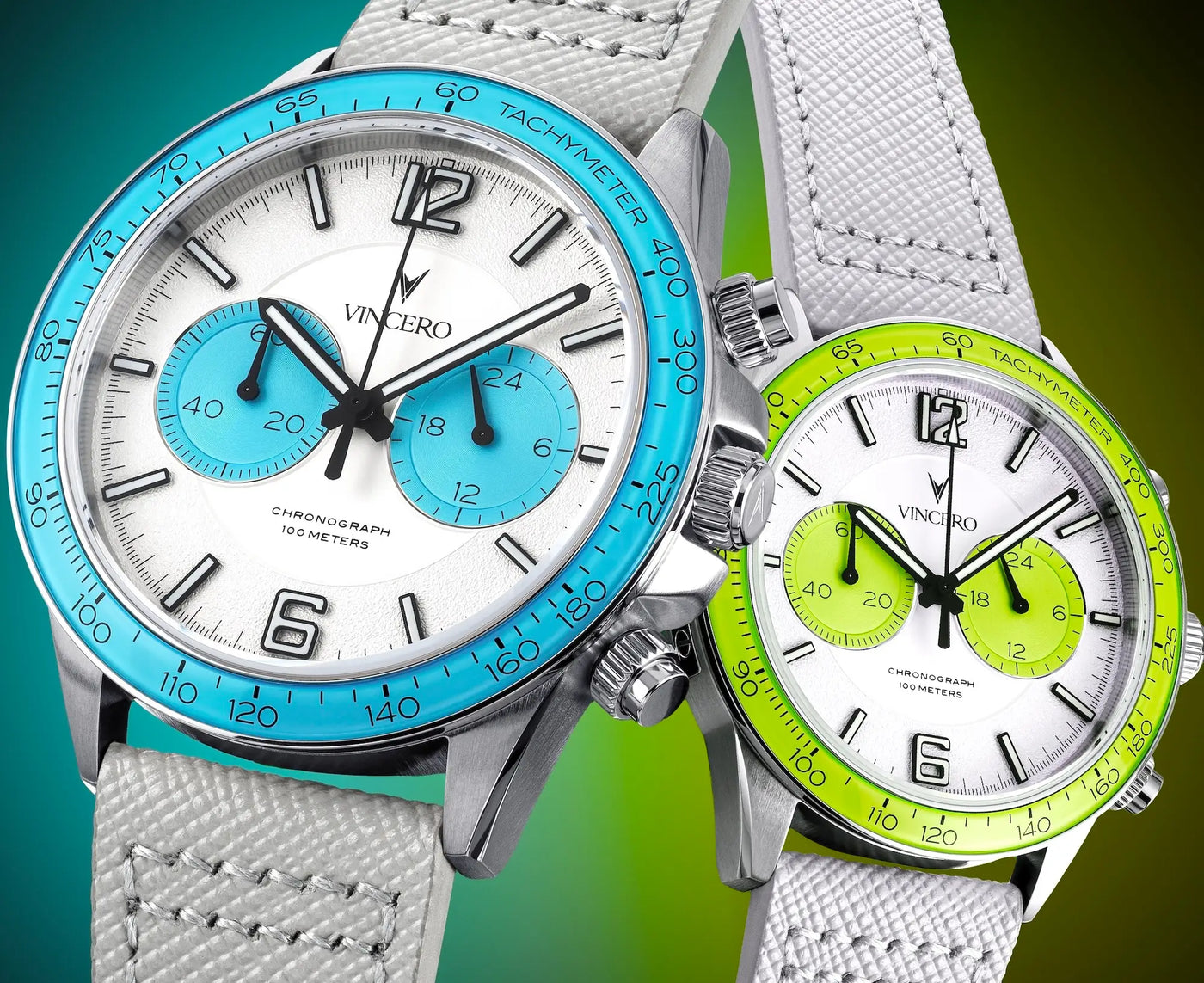 Two watches with blue and green faces on white straps against a gradient background