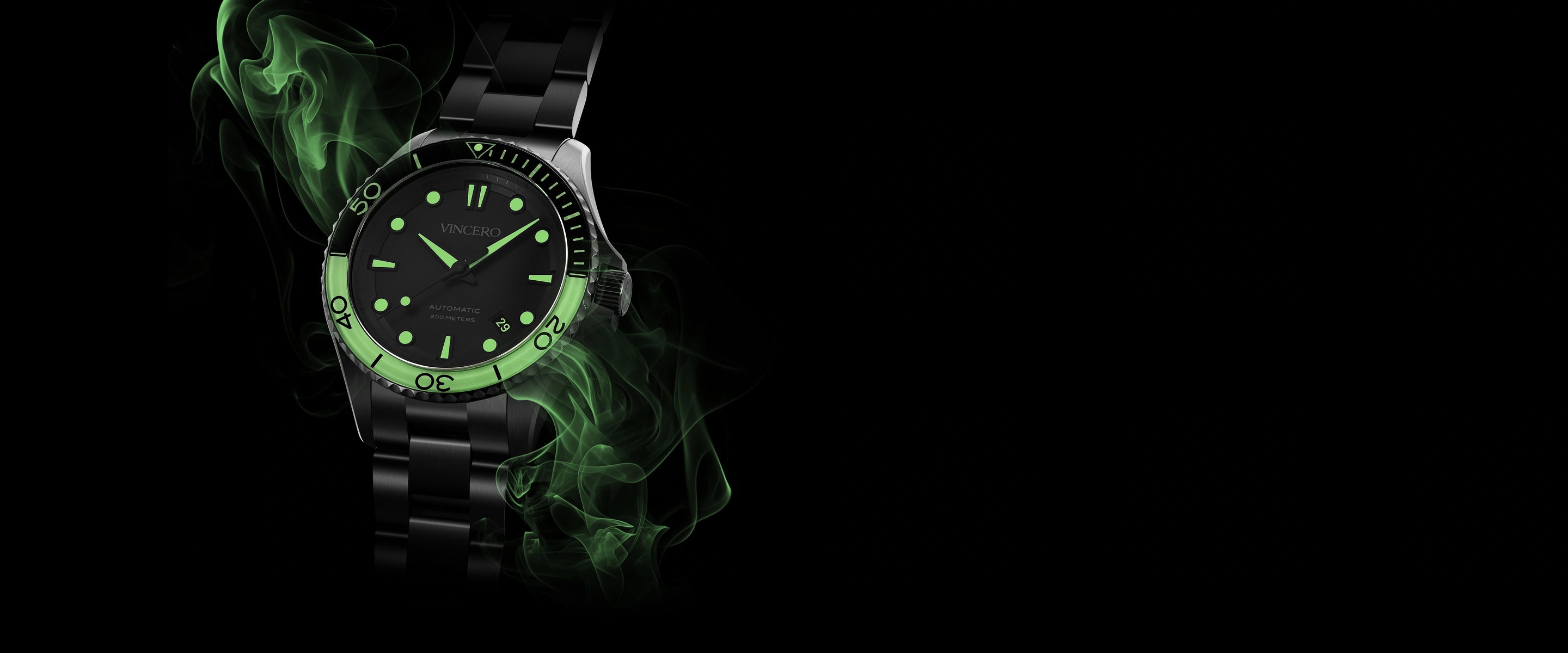 Watch with green glowing face and smoke effect on a black background
