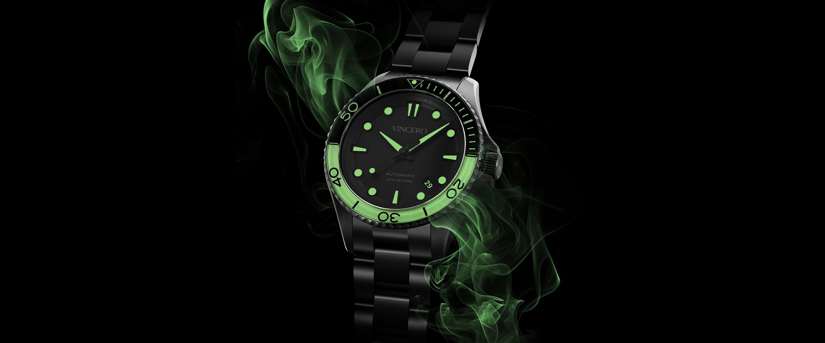 Watch with green glowing face and green smoke on a black background
