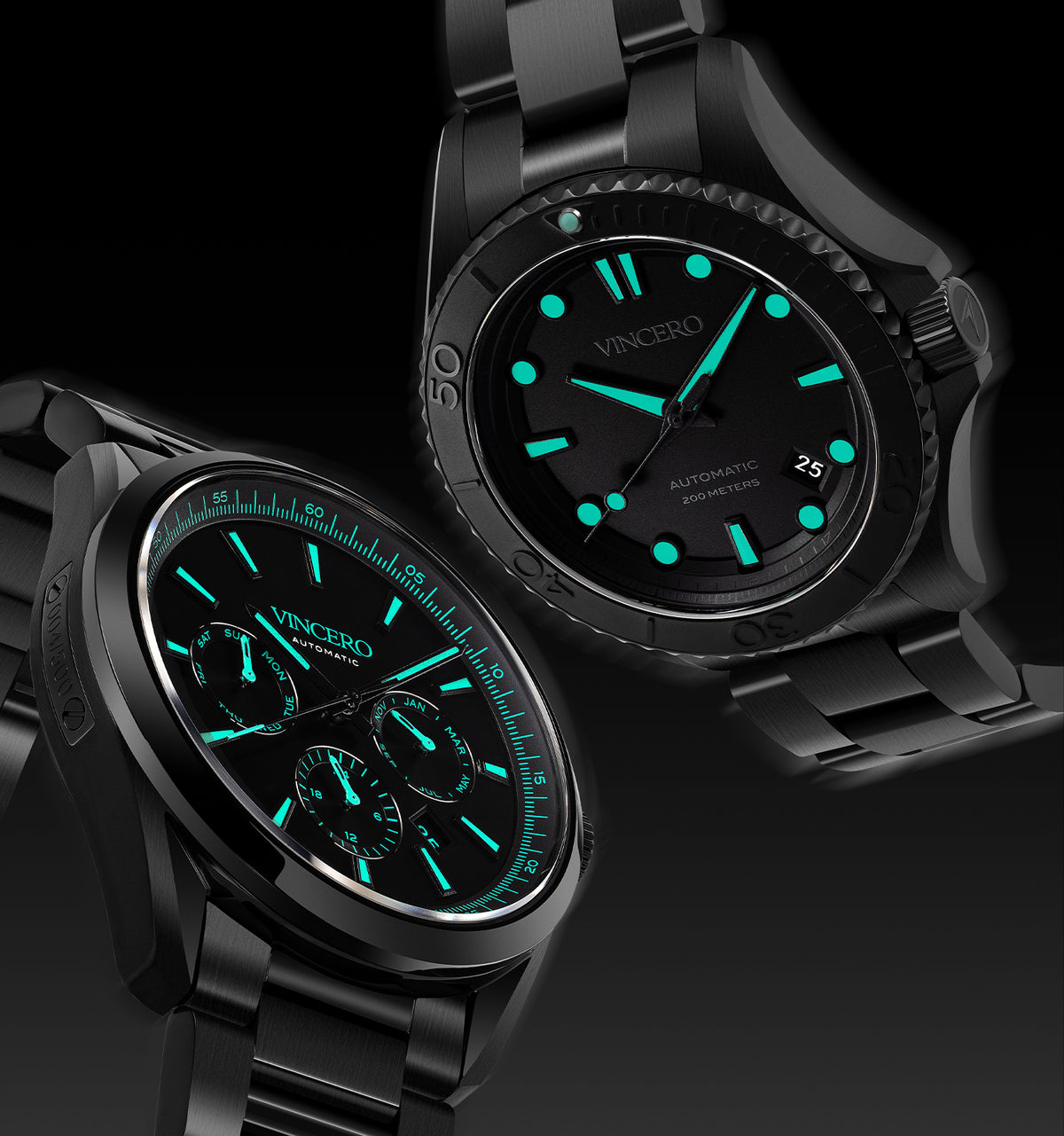 Two black wristwatches with green glowing faces on a black background