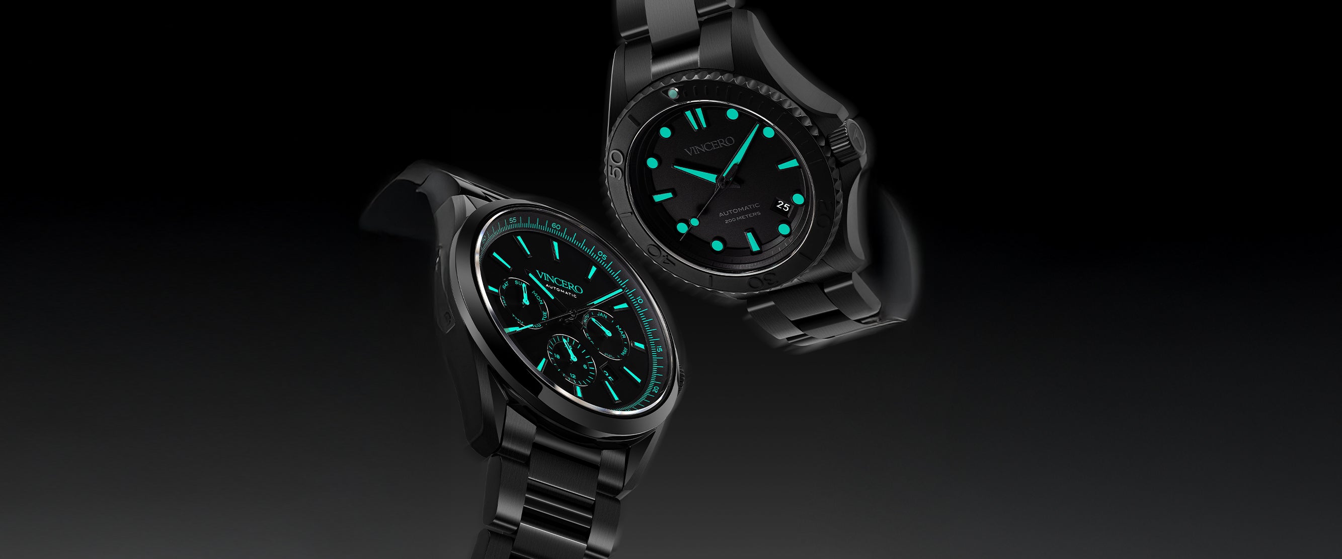 Two black watches with glowing green faces on a dark background