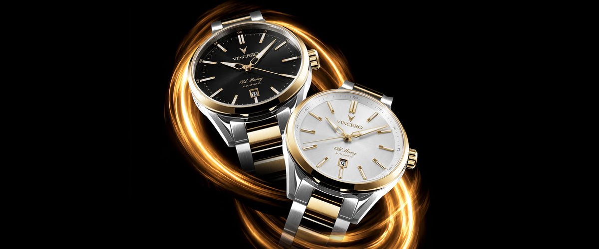 Two luxury wristwatches with two-tone silver and gold bracelets, one with a black dial and the other with a white dial, set against a black background with a glowing gold circular light effect.