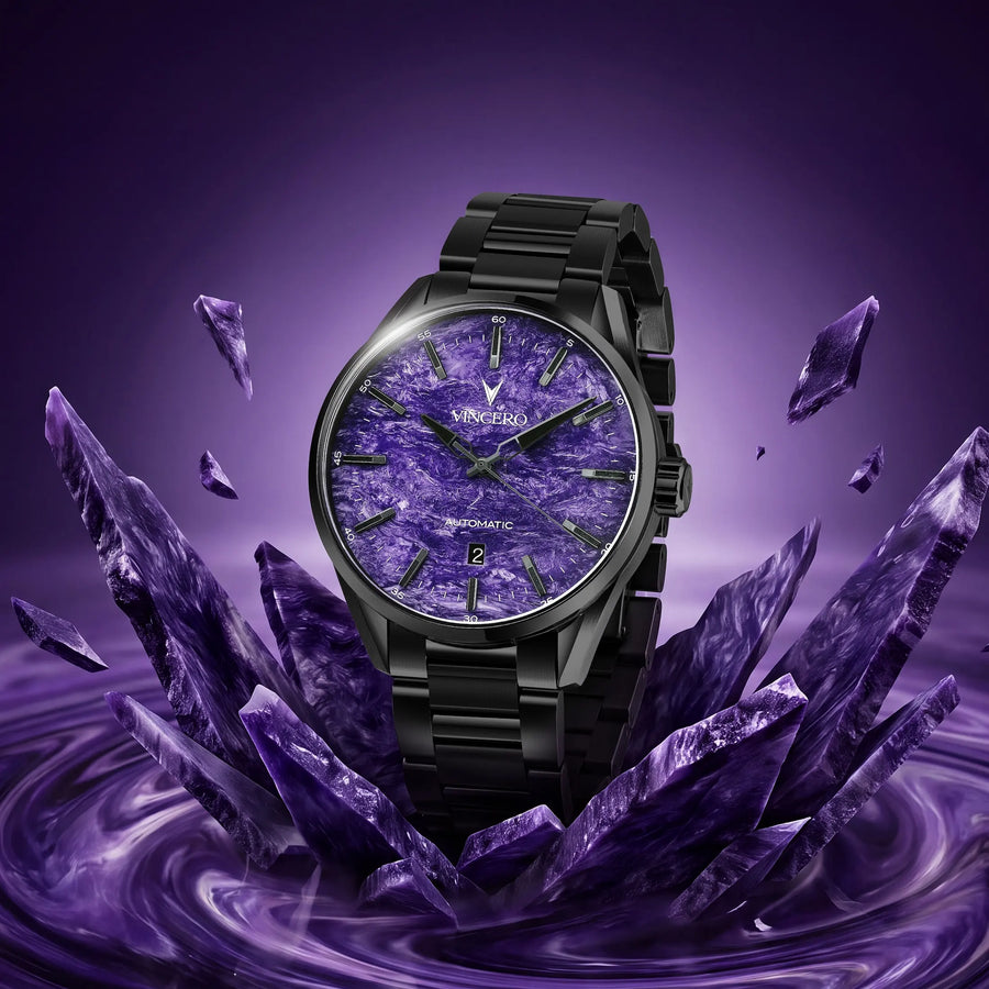 A wristwatch with a black metal case and bracelet, featuring a purple textured dial, shown centered against a purple background with floating and swirling purple crystal-like elements.