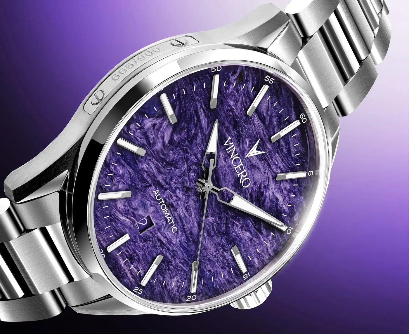 A close-up of a Vincero Automatic watch featuring a textured purple dial and a polished silver stainless steel case and bracelet, set against a purple gradient background.