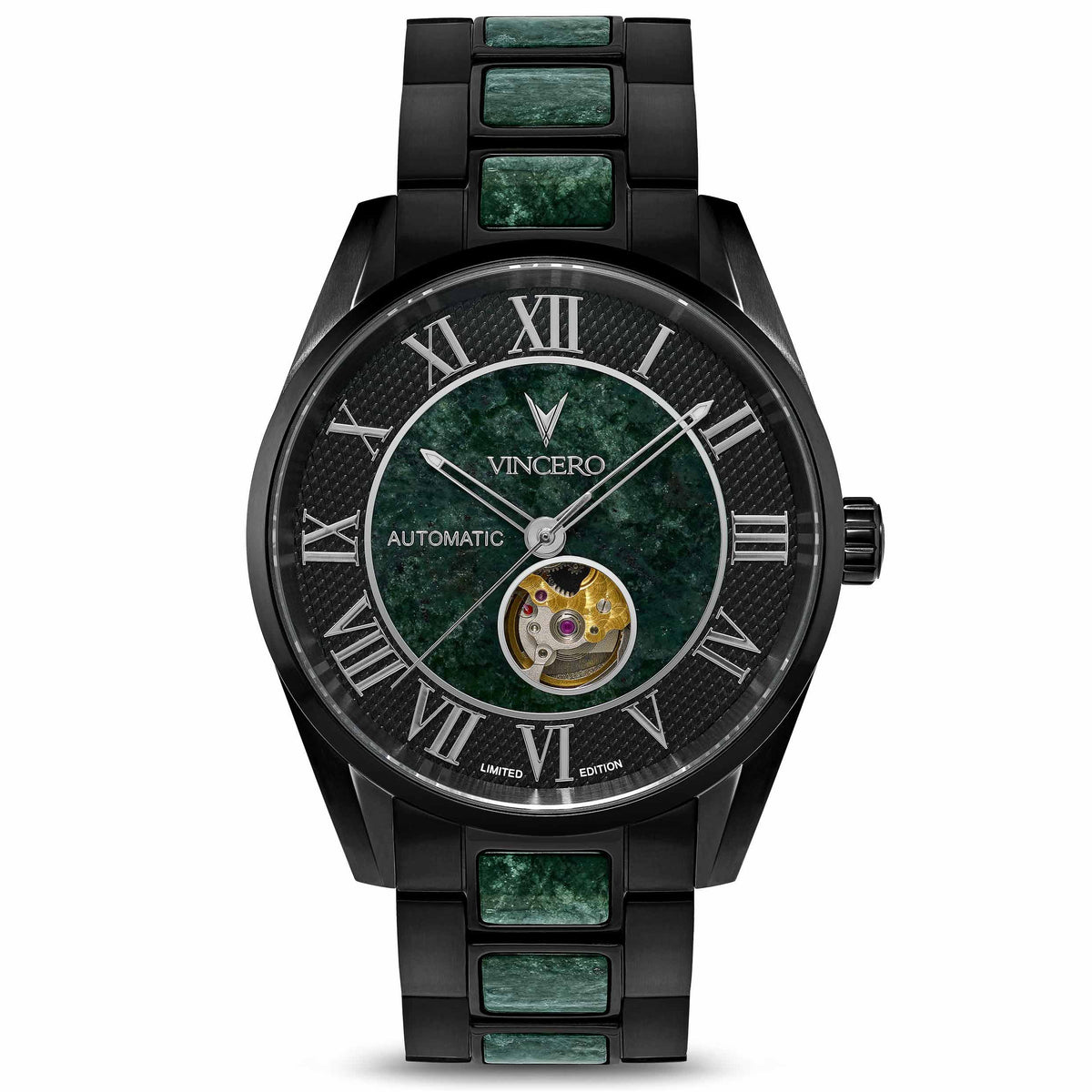 A black and green marble-dialled watch with a stainless steel bracelet and folding clasp, displayed on a plain background.