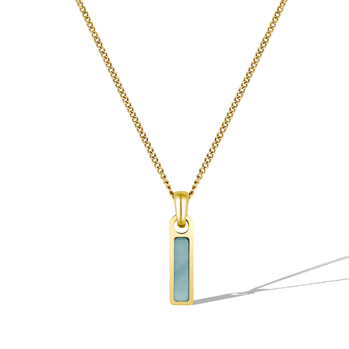 Gold necklace with a rectangular pendant on a white background