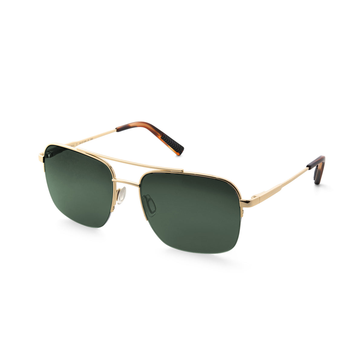 Gold-framed sunglasses with green lenses on a white background