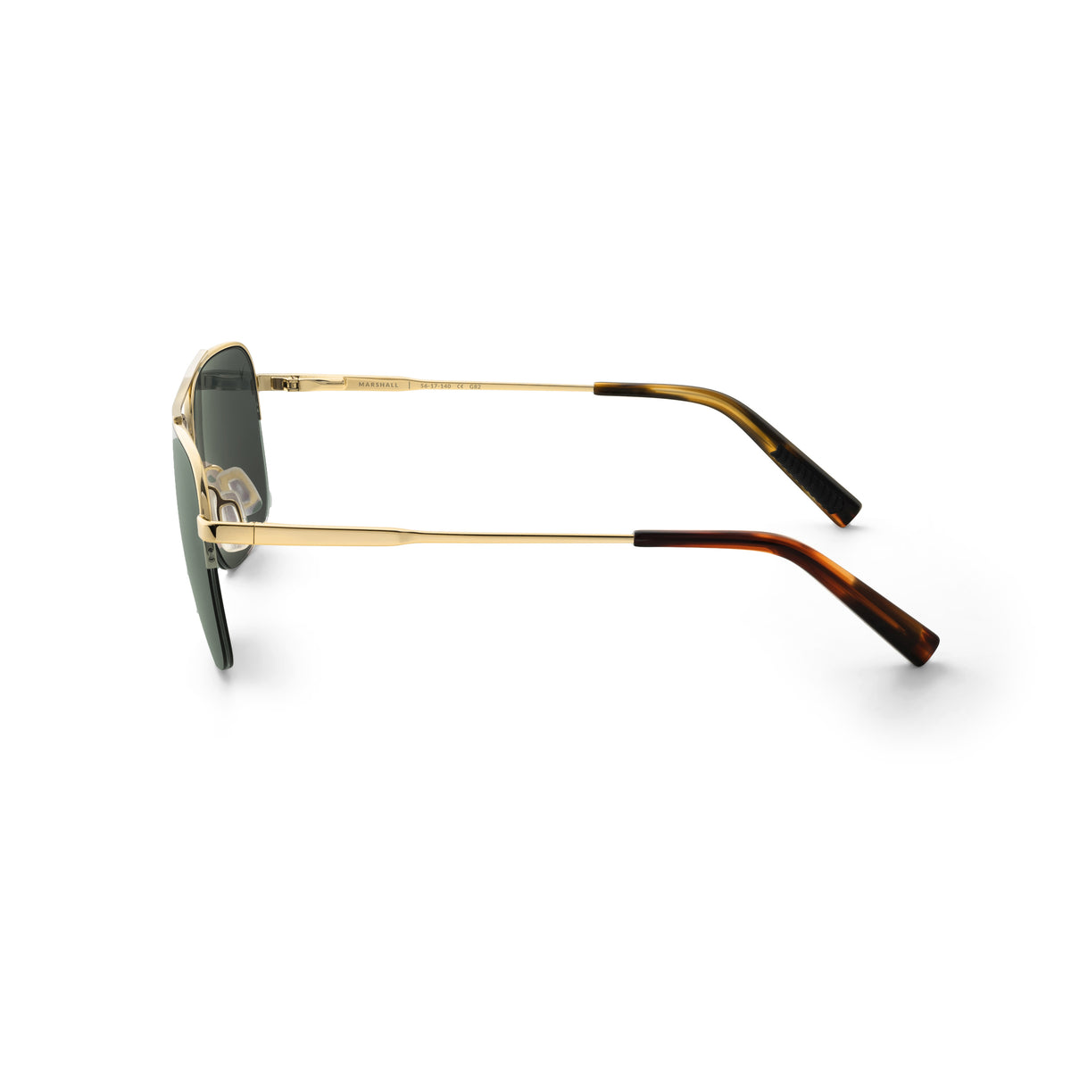 Sunglasses with gold frame and tortoiseshell accents on a white background