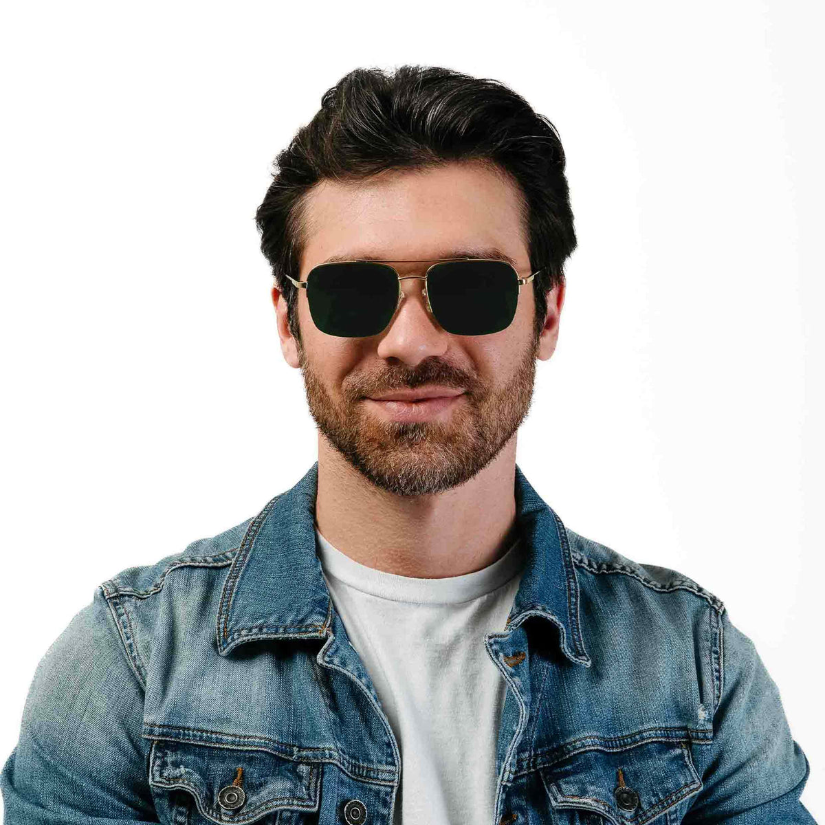 Man wearing sunglasses and a denim jacket on a white background