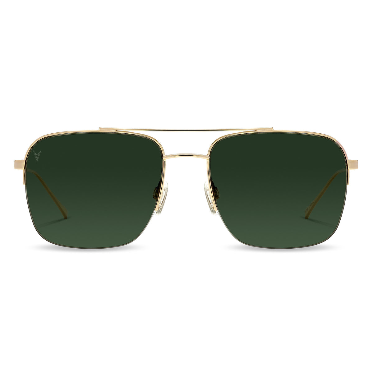 A pair of gold-colored navigator-style sunglasses with green lenses.