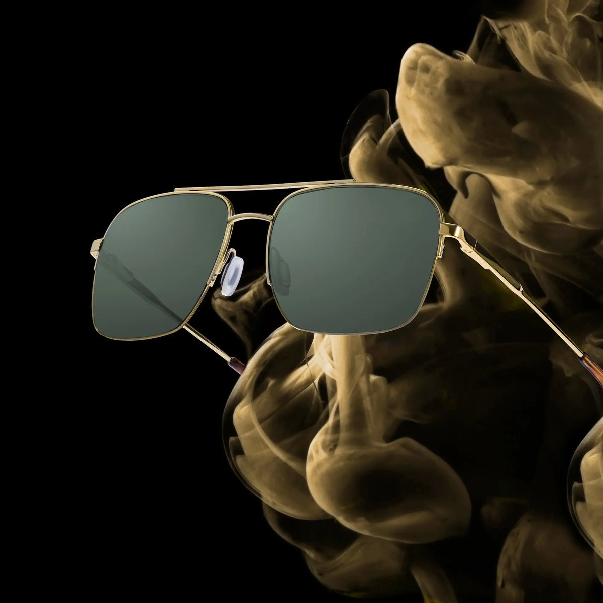 Sunglasses with reflective lenses on a dark background