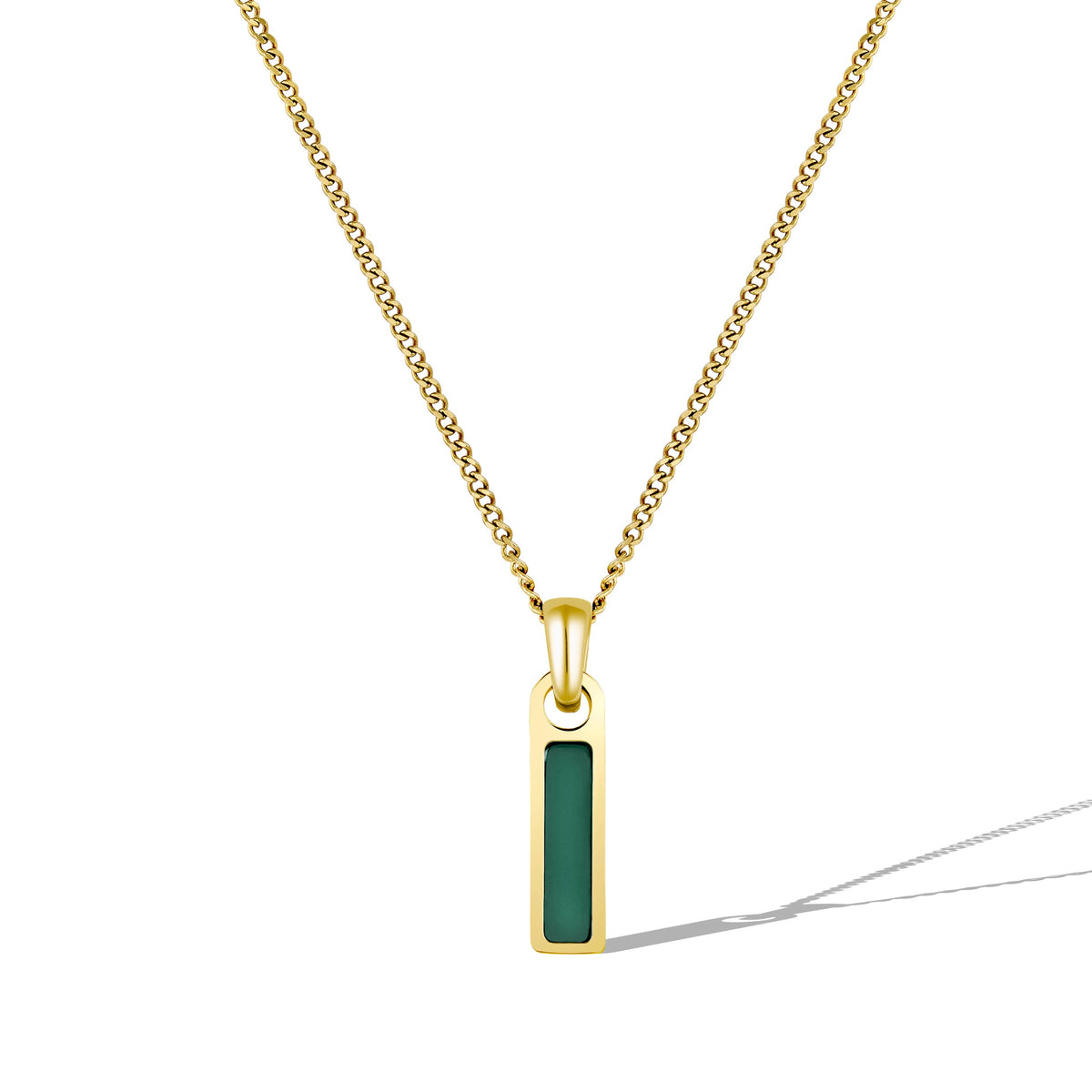 Gold necklace with a green pendant on a white background