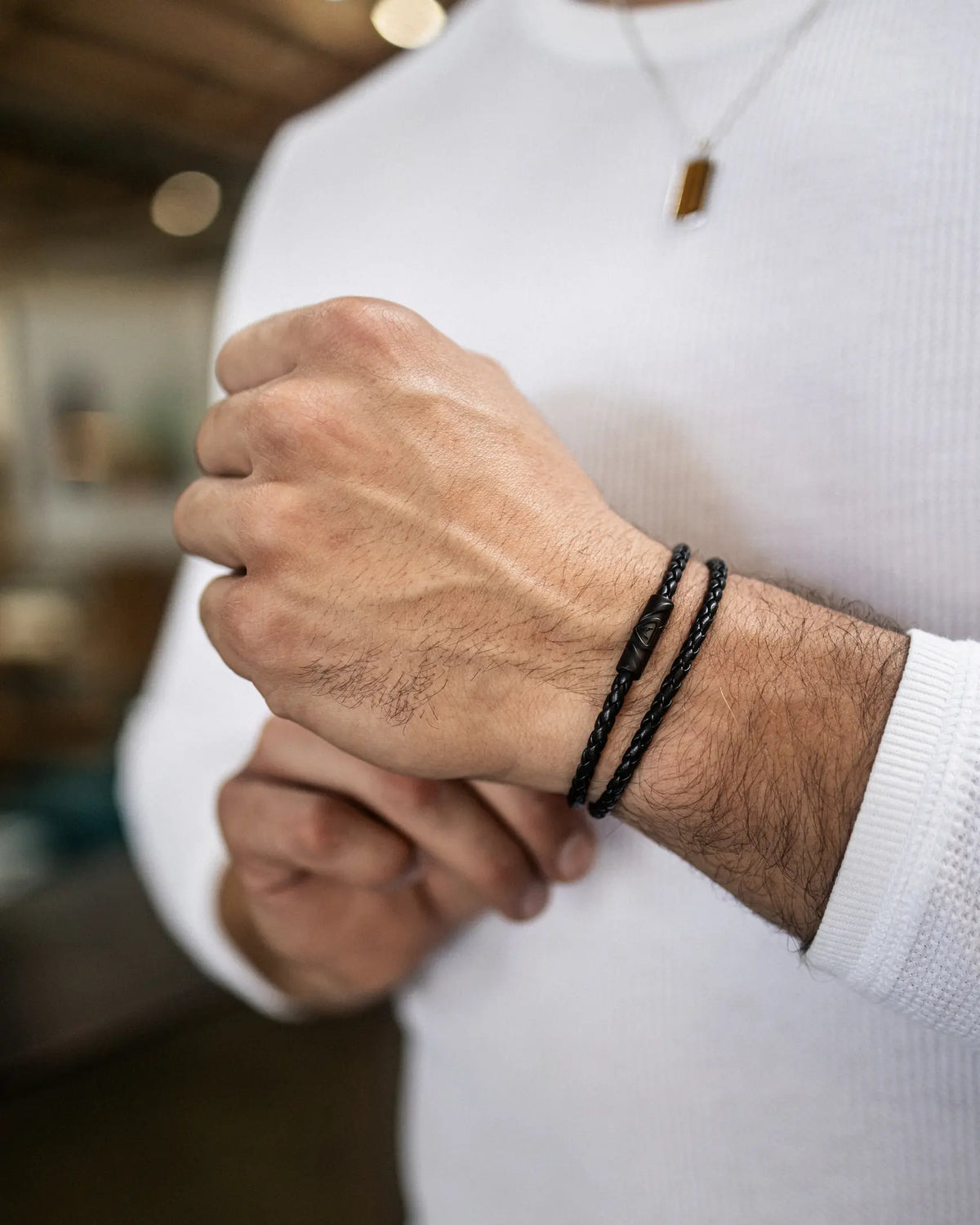 Men's Luxury Black Italian Leather Double Braided Bracelet Strap with a Matte Black Clasp