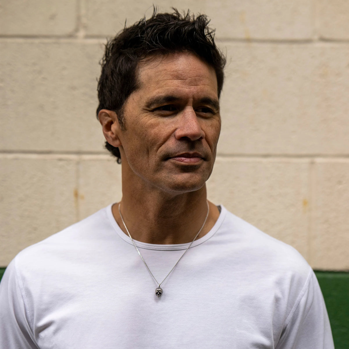 Momento Mori Pendant on neck
