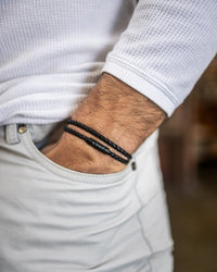 Men's Luxury Black Italian Leather Double Braided Bracelet Strap with a Matte Black Clasp