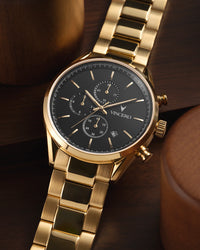 Chrono S 40mm Gold 316L Stainless Steel Strap Black Watch Face Gold Case Clasp Gold Accents