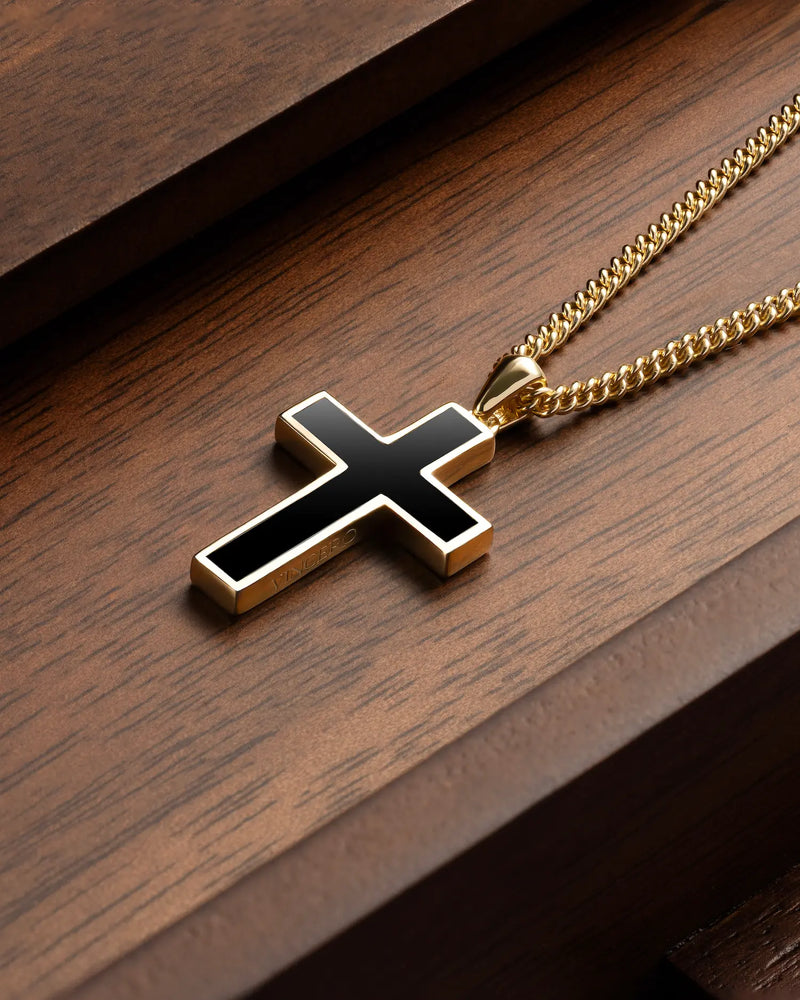 Stone Cross Pendant - Gold Onyx