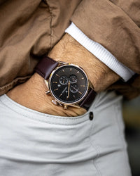 Chrono S Brown Croc Italian Leather Strap Black Watch Face Rose Gold Case Clasp Rose Gold Accents