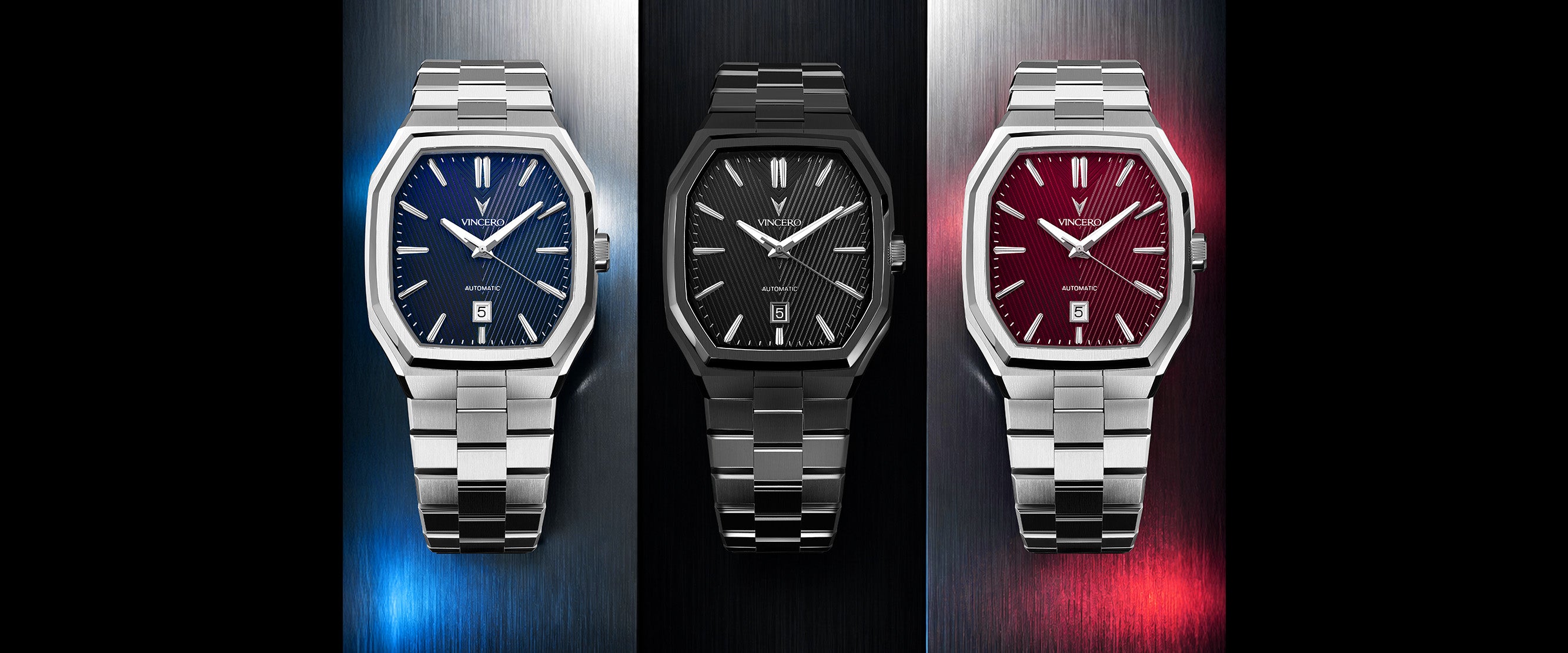 Four watches with different colored faces displayed side by side.