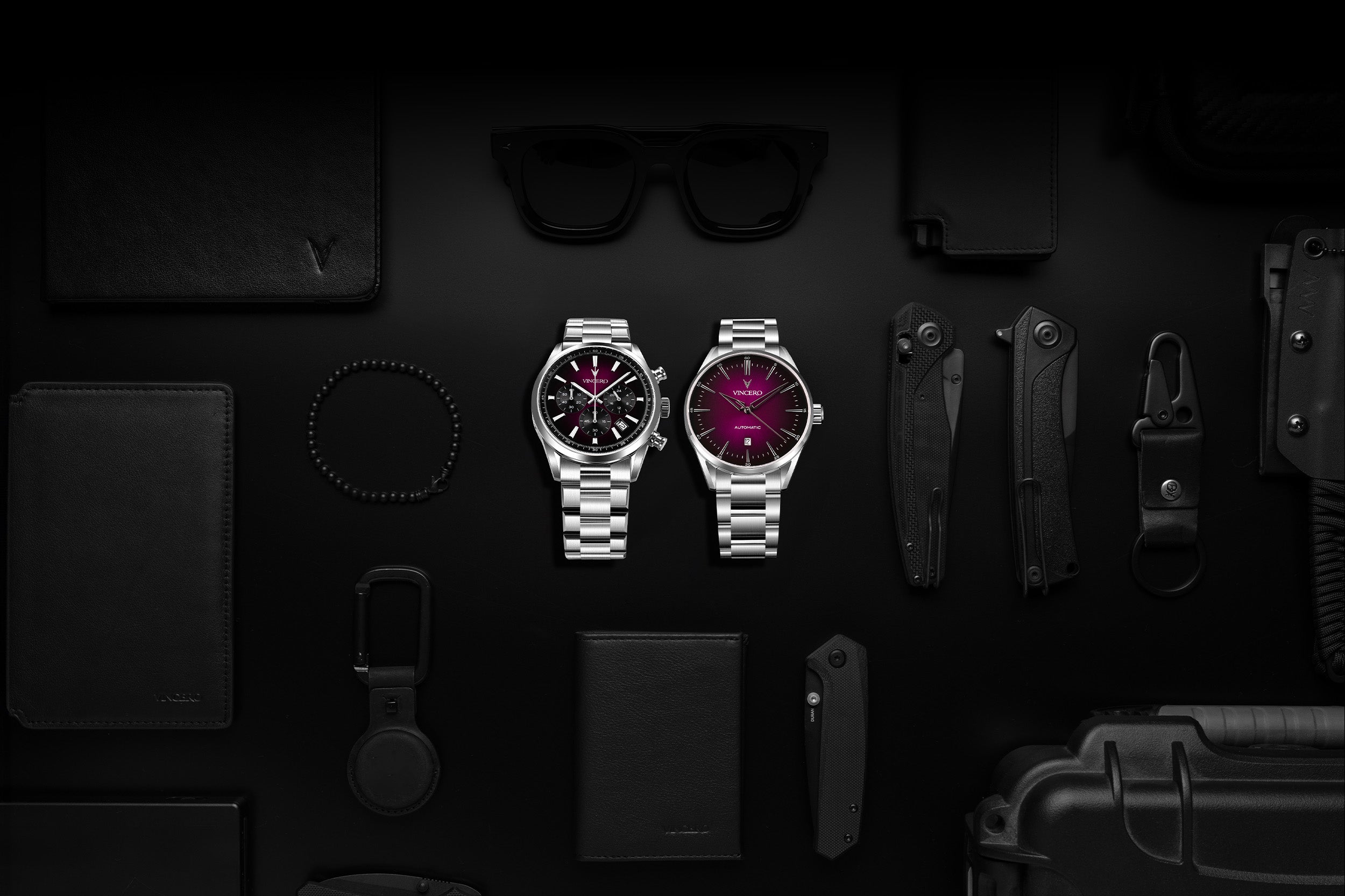 Both Quasar limited edition magenta men's watches 