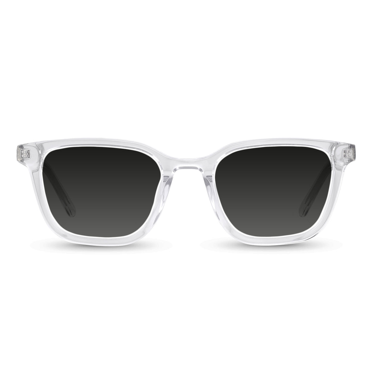 Clear frame sunglasses with dark lenses on a white background