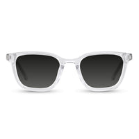 Clear frame sunglasses with dark lenses on a white background