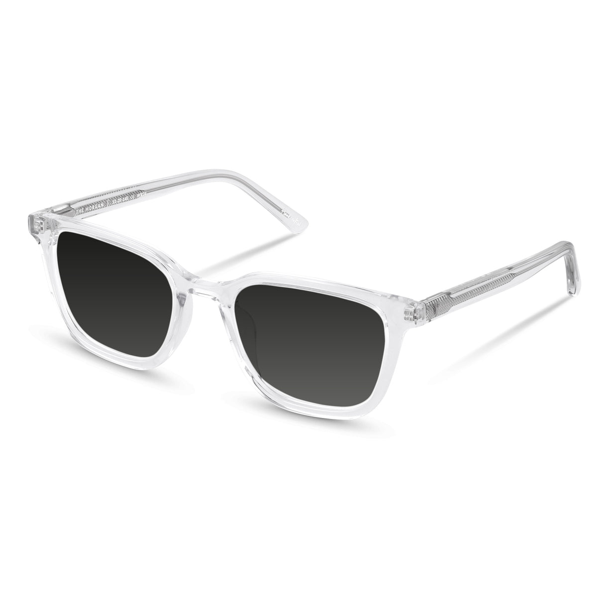 Clear frame sunglasses with dark lenses on a white background
