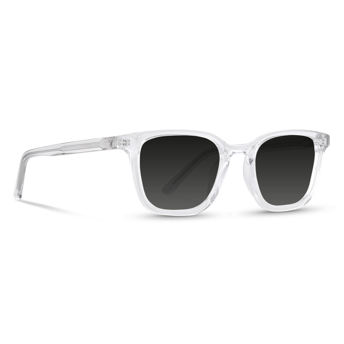 Clear frame sunglasses with dark lenses on a white background