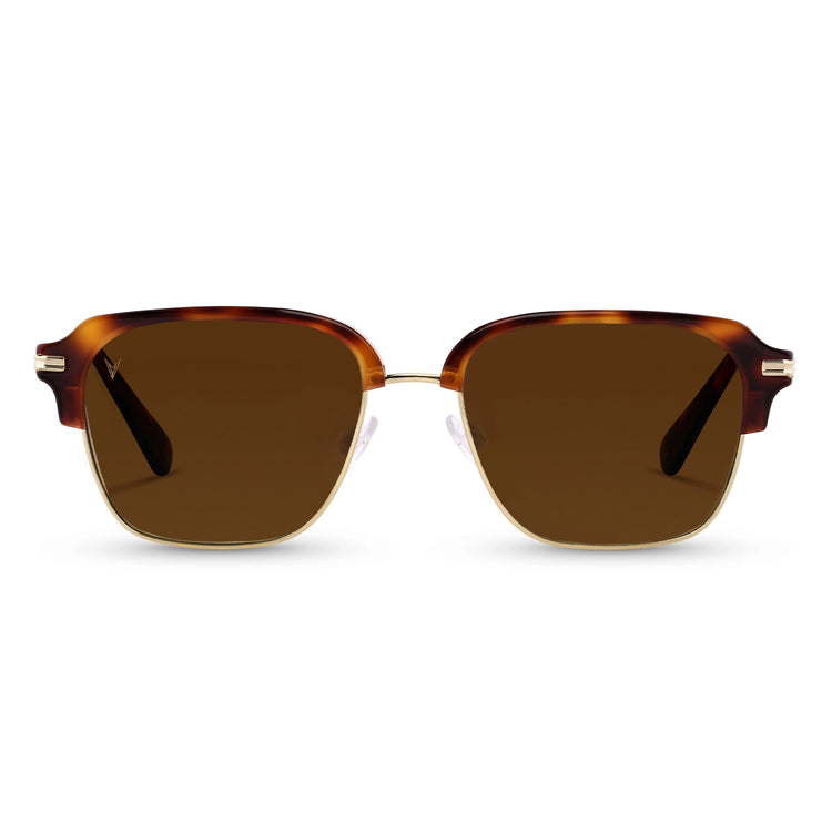 A pair of square-shaped sunglasses with a rye tortoise acetate frame and brown tinted lenses.