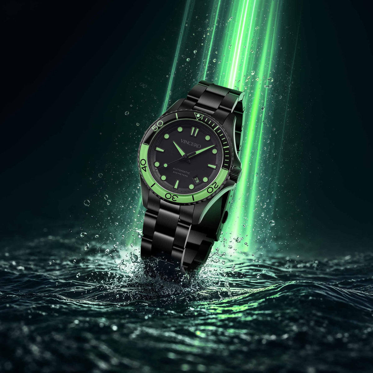 Black watch with green accents emerging from water with a green light effect