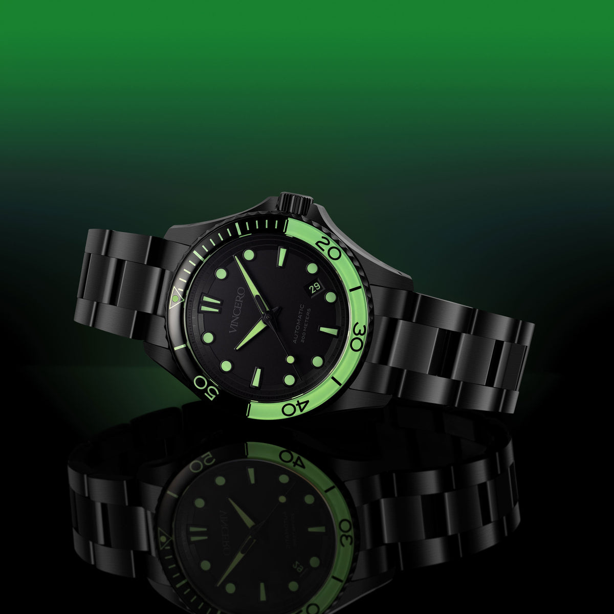 Black watch with green glowing face on a reflective surface and gradient background