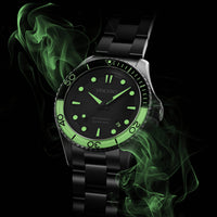 Glowing green watch with black strap on a dark background