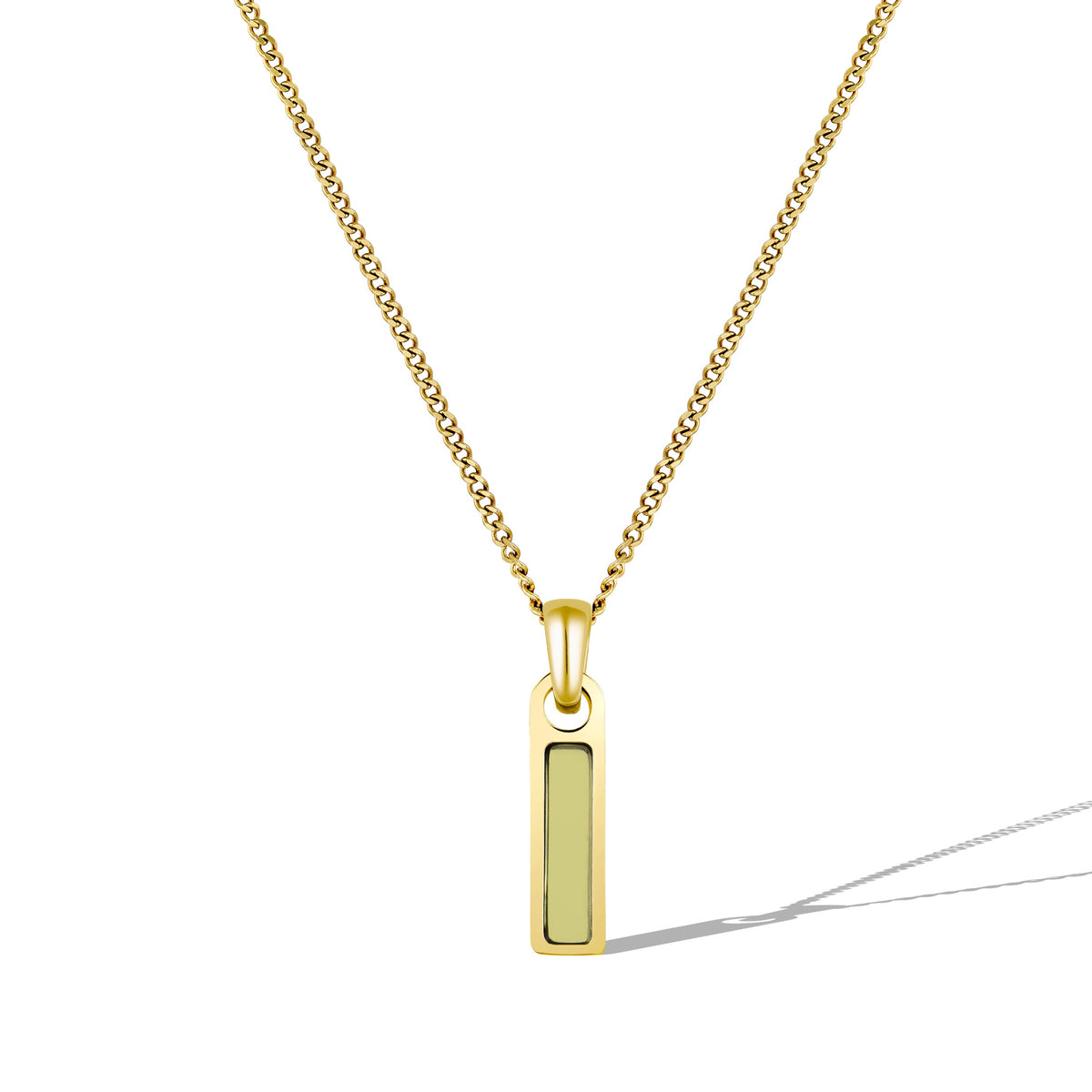 Gold necklace with a rectangular pendant on a white background
