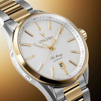 A close-up studio shot of a Vincero Old Money Automatic watch with a white dial, gold-tone markers and hands, and a two-tone silver and gold stainless steel bracelet.