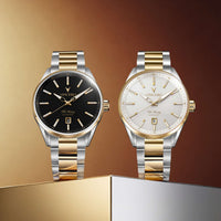 Two VENCRO wristwatches displayed side by side on a metallic gold and brown gradient background. The watch on the left has a black dial with gold markers and a two-tone silver and gold link bracelet.