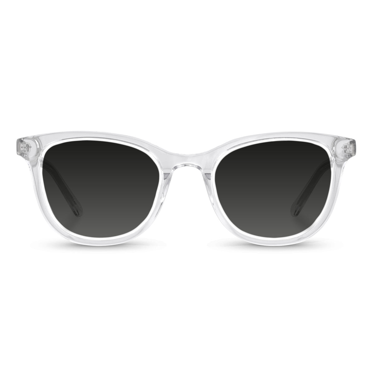 Clear frame sunglasses with dark lenses on a white background