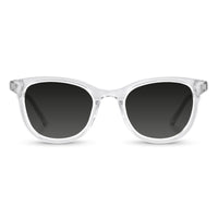 Clear frame sunglasses with dark lenses on a white background