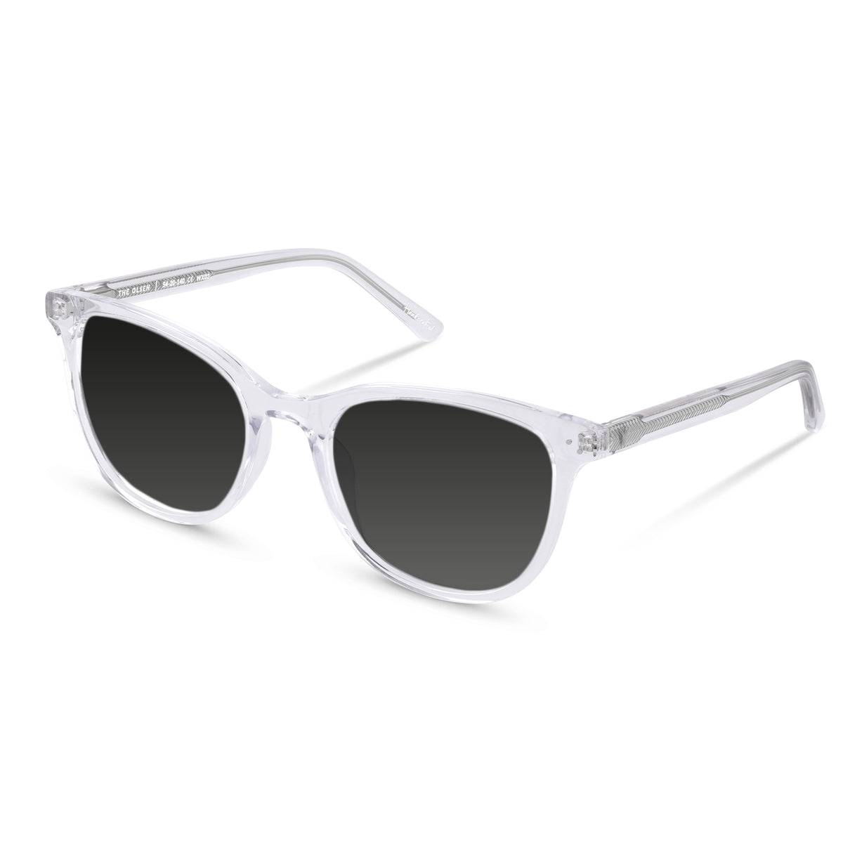 Clear frame sunglasses with dark lenses on a white background