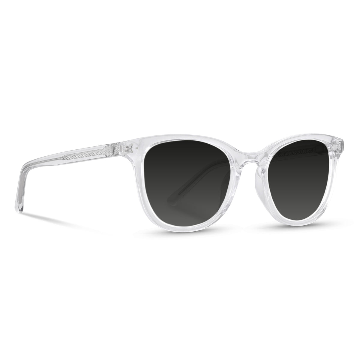 Clear frame sunglasses with dark lenses on a white background