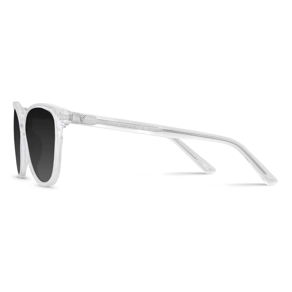 Sunglasses with white frame and black lenses on a white background