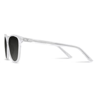 Sunglasses with white frame and black lenses on a white background