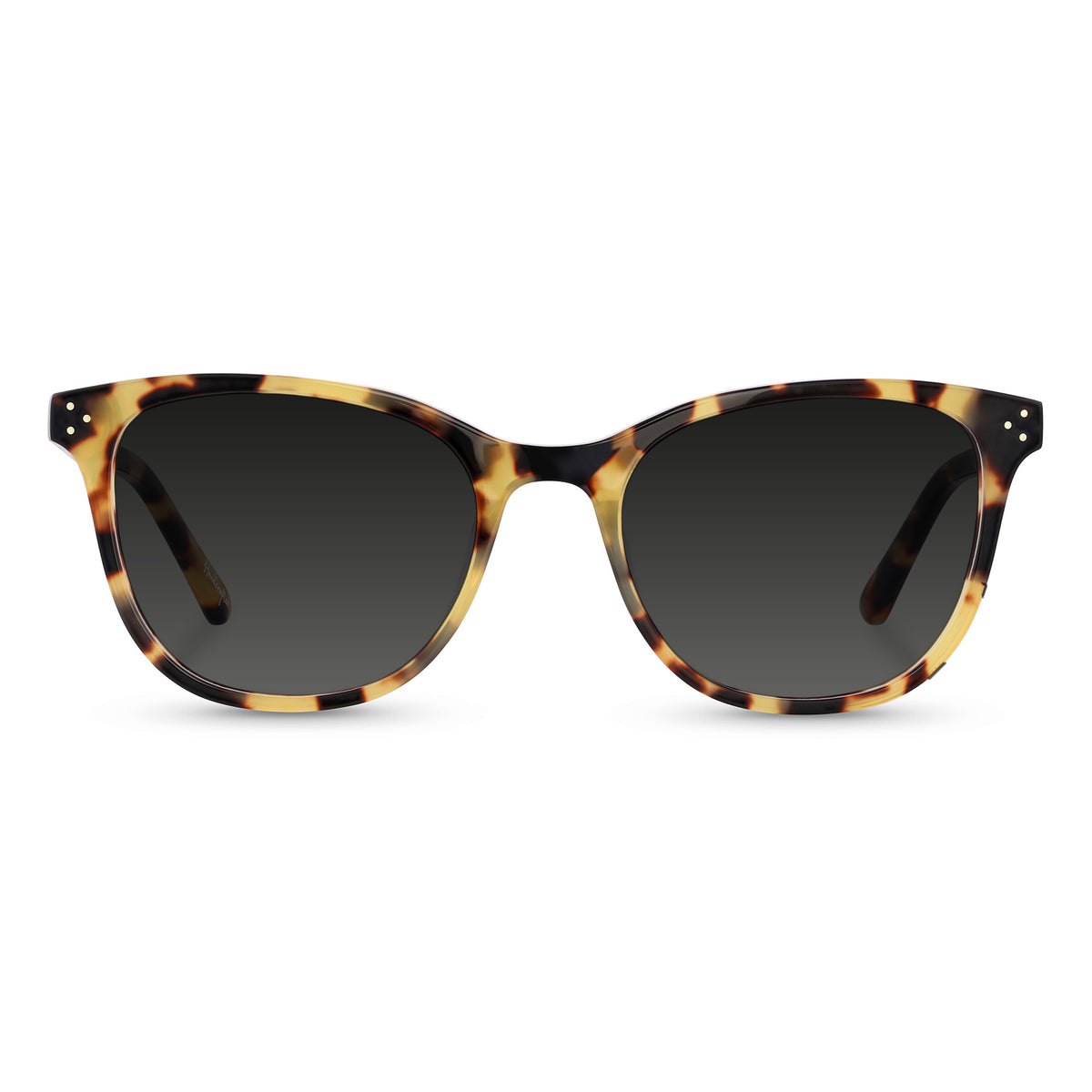 Sunglasses with tortoiseshell frame and dark lenses on a white background