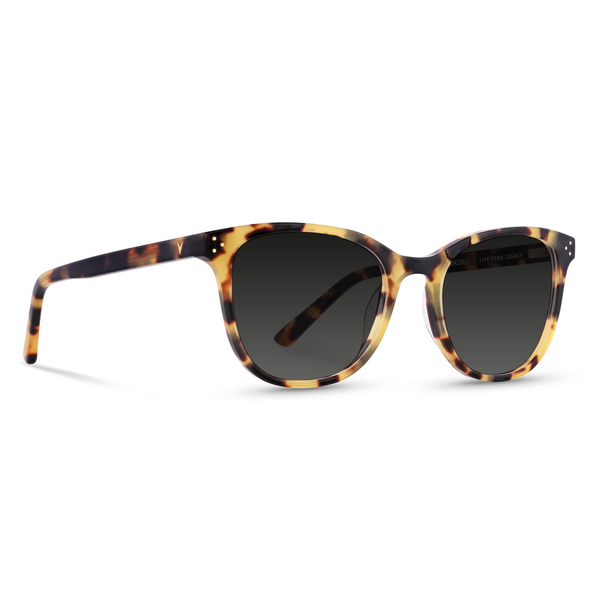 Sunglasses with tortoiseshell frame and dark lenses on a white background