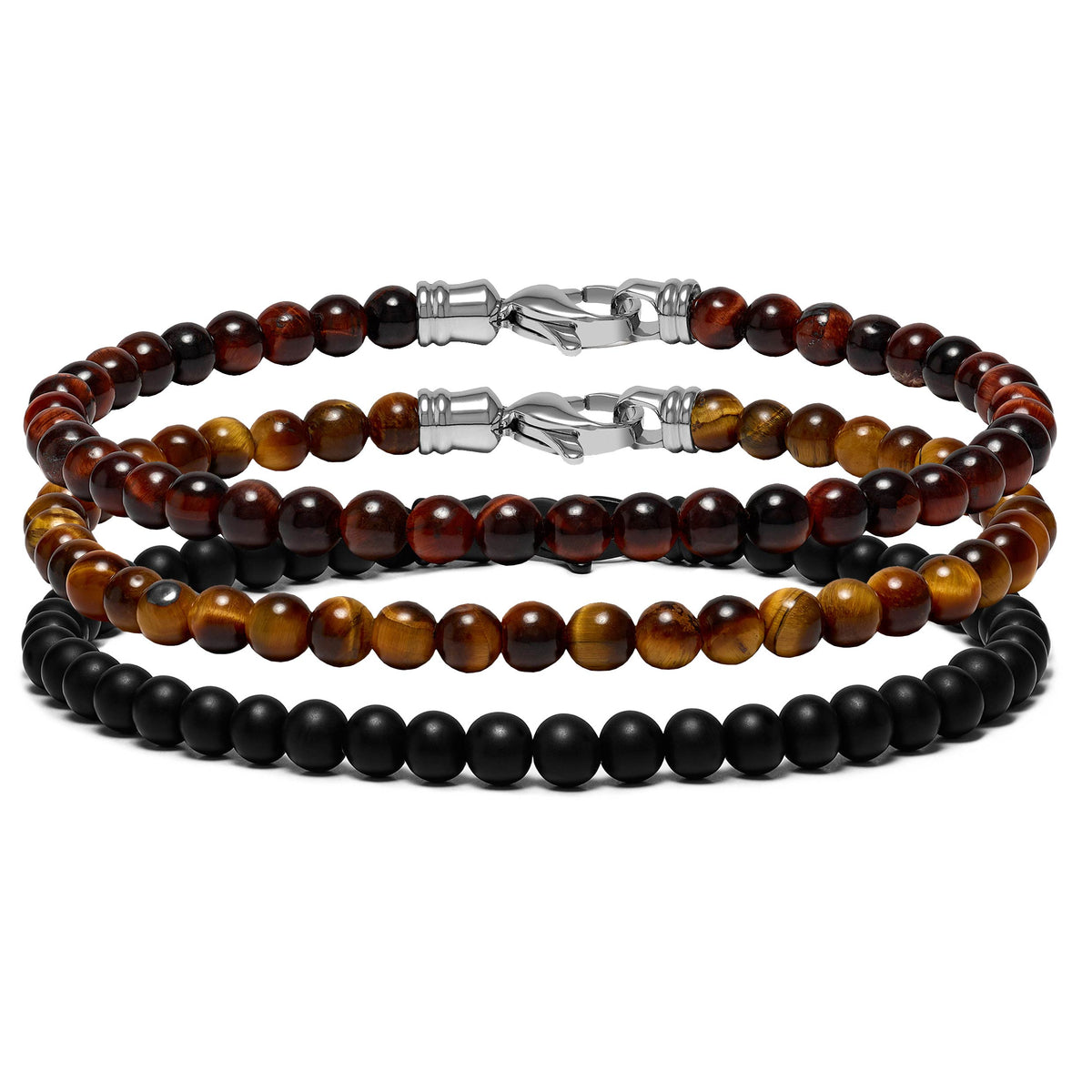 A set of beaded bracelets in silver, black, and brown colors, displayed in a triple stack configuration.