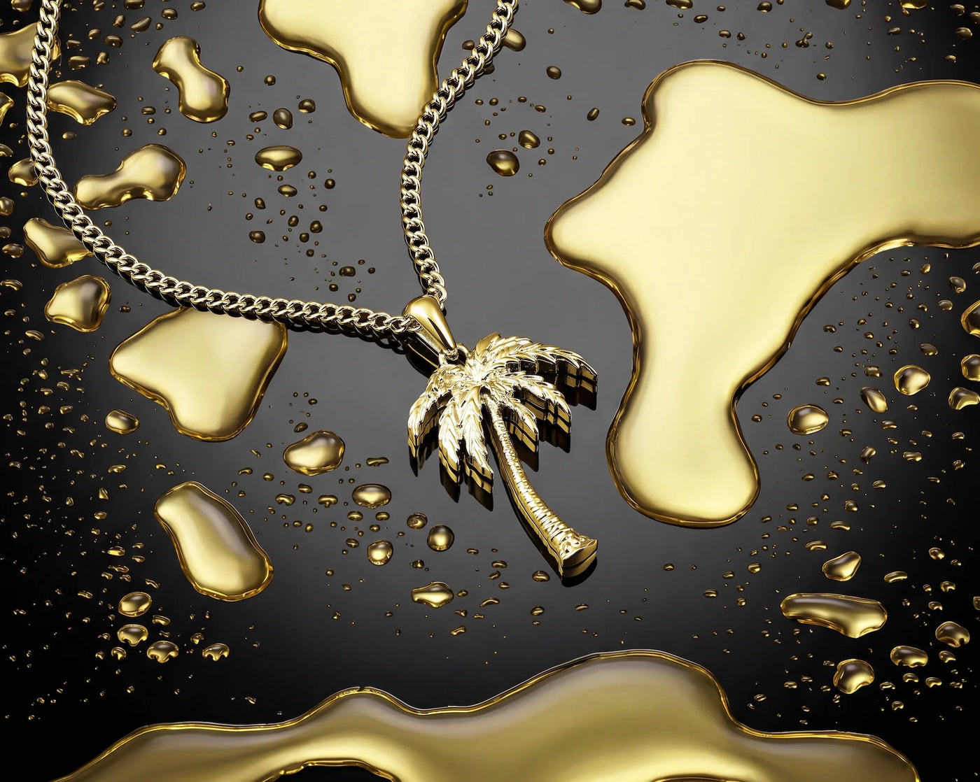 A gold-toned necklace with a detailed palm tree pendant, displayed on a glossy black surface with artistic gold liquid pools and water droplets.