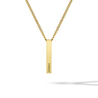 Gold necklace with a vertical bar pendant engraved with 'Cohen' on a white background