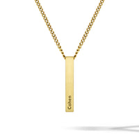 Gold necklace with a vertical bar pendant engraved with 'Cohen' on a white background